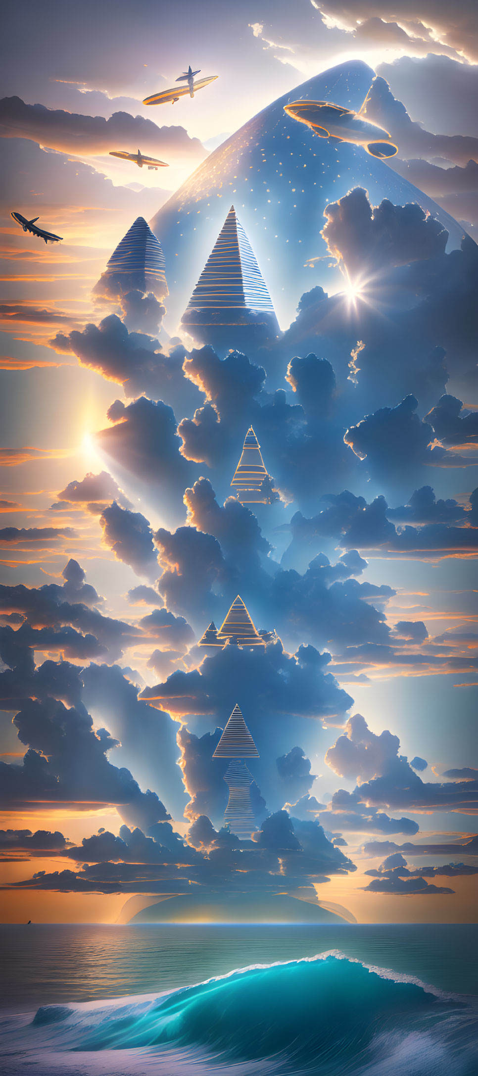 Surreal landscape featuring pyramids, sunset, ocean waves, planes, and cosmic overlay