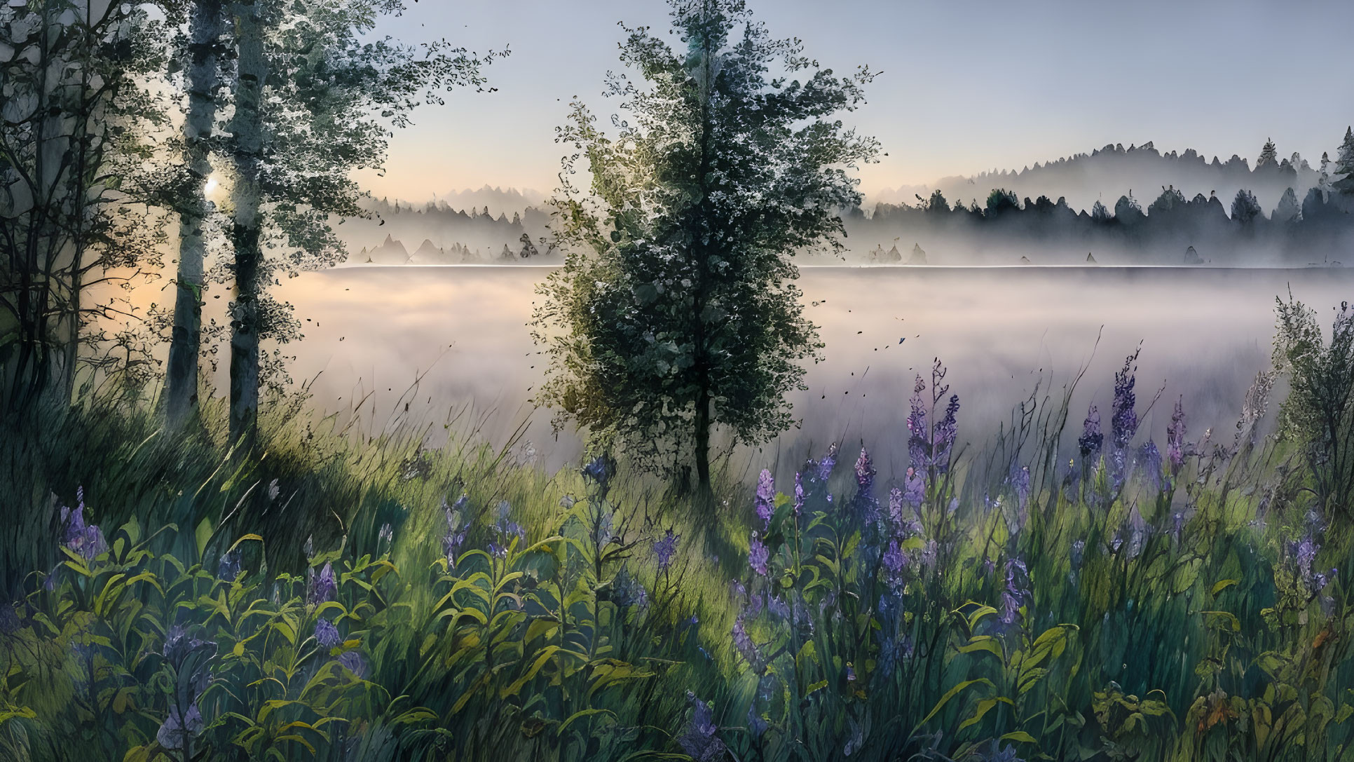 Tranquil Morning Landscape with Misty Lake and Trees