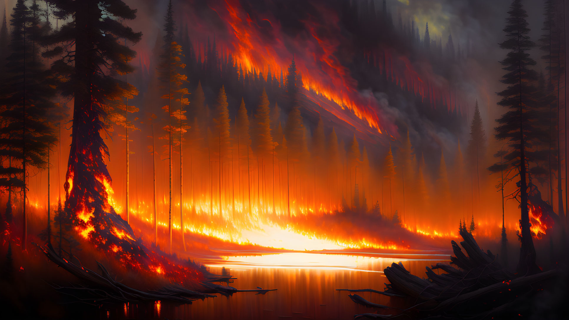 Forest fire at night: Tall trees ablaze, reflected in water