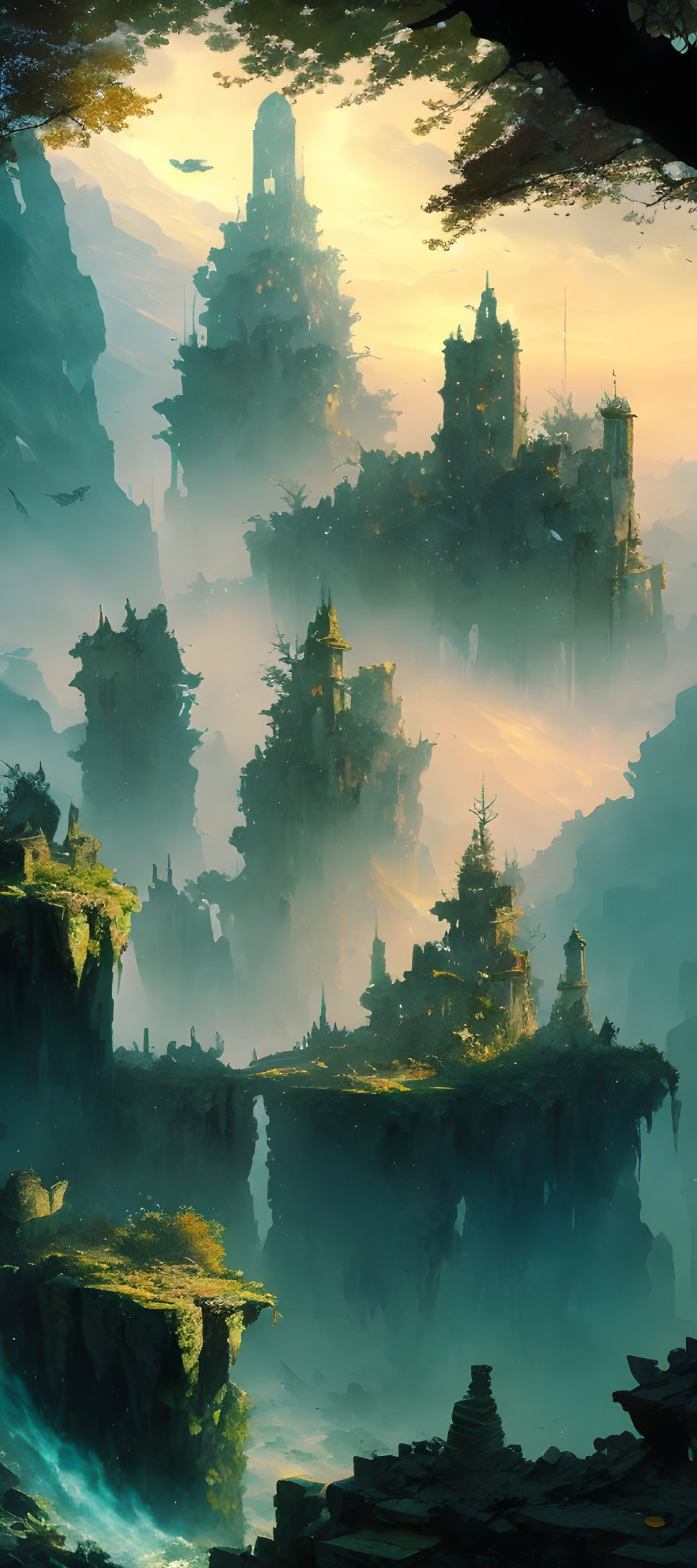 Mystical fantasy landscape with towering cliff-side structures and bridges in misty, golden-lit setting