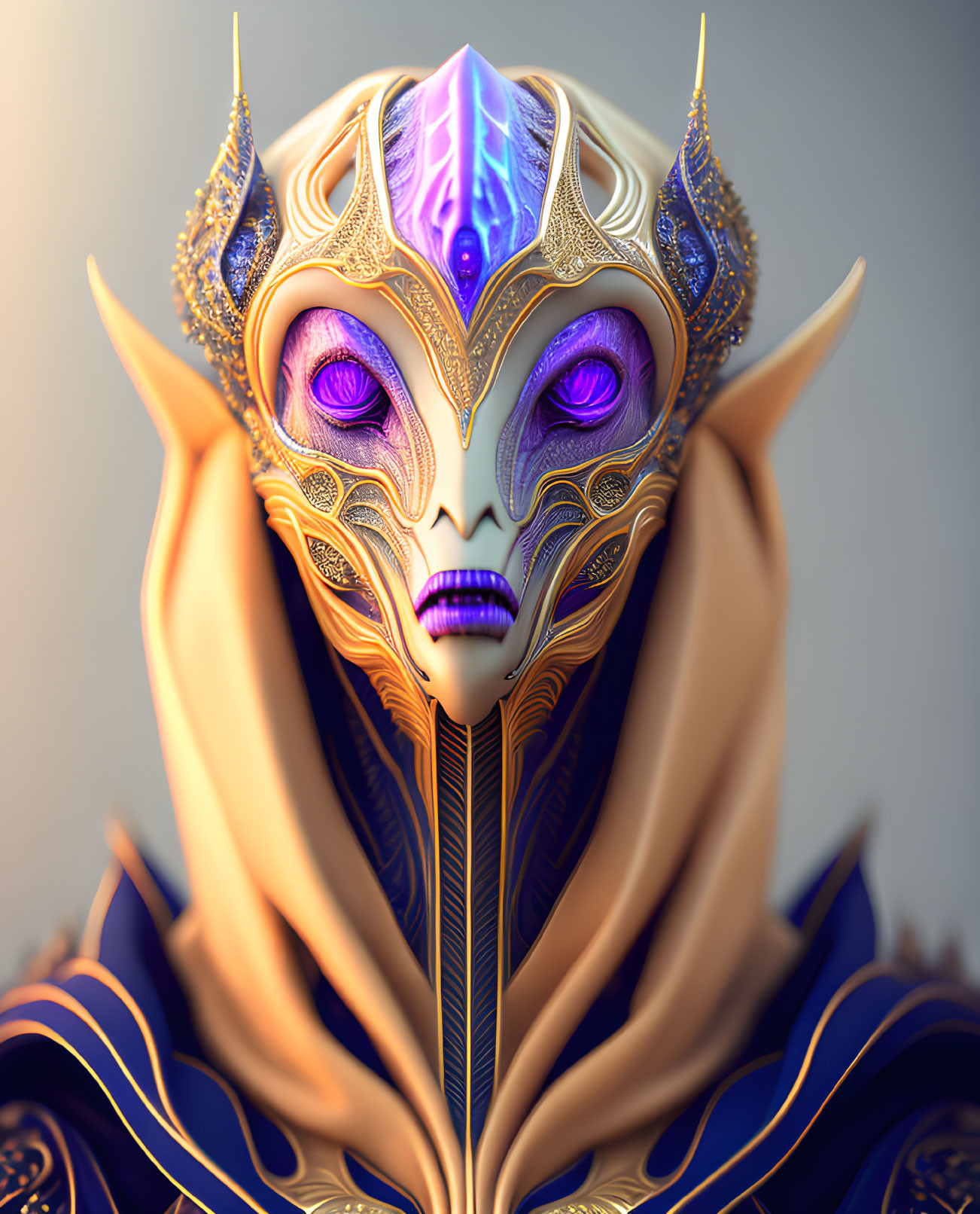 Alien with Purple Eyes and Golden Headgear in Enigmatic Expression