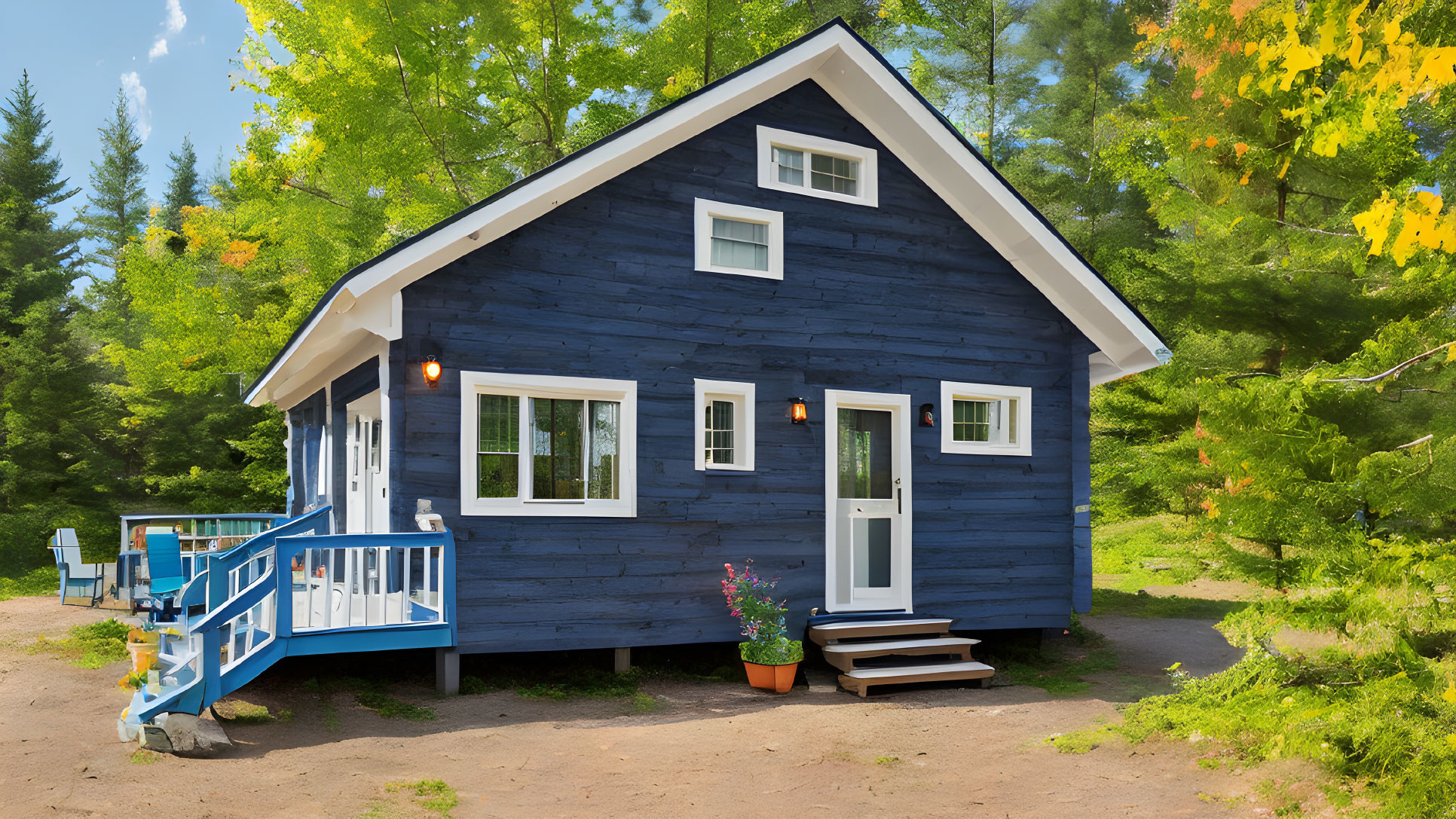 Blue house with white windows in lush green setting