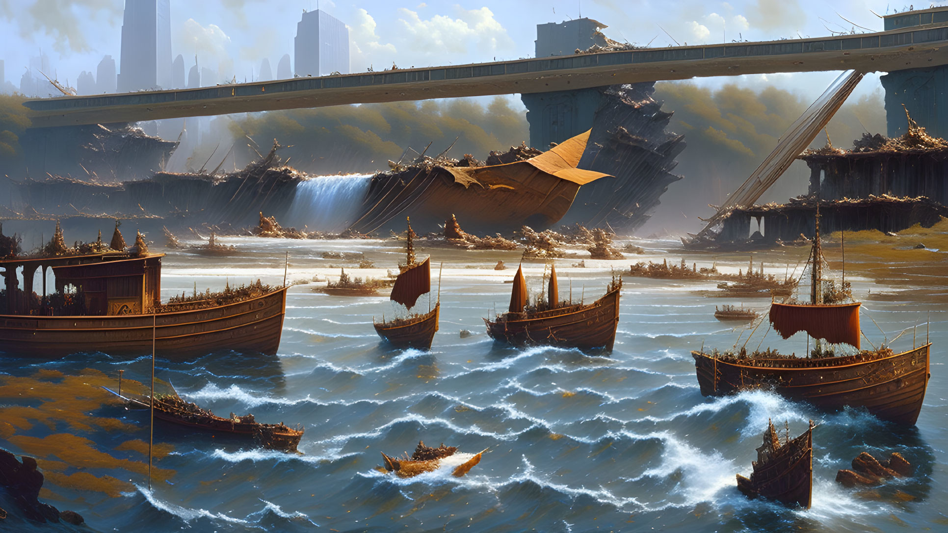 Old wooden ships sail turbulent waters near broken futuristic bridges and ruins under a hazy sky