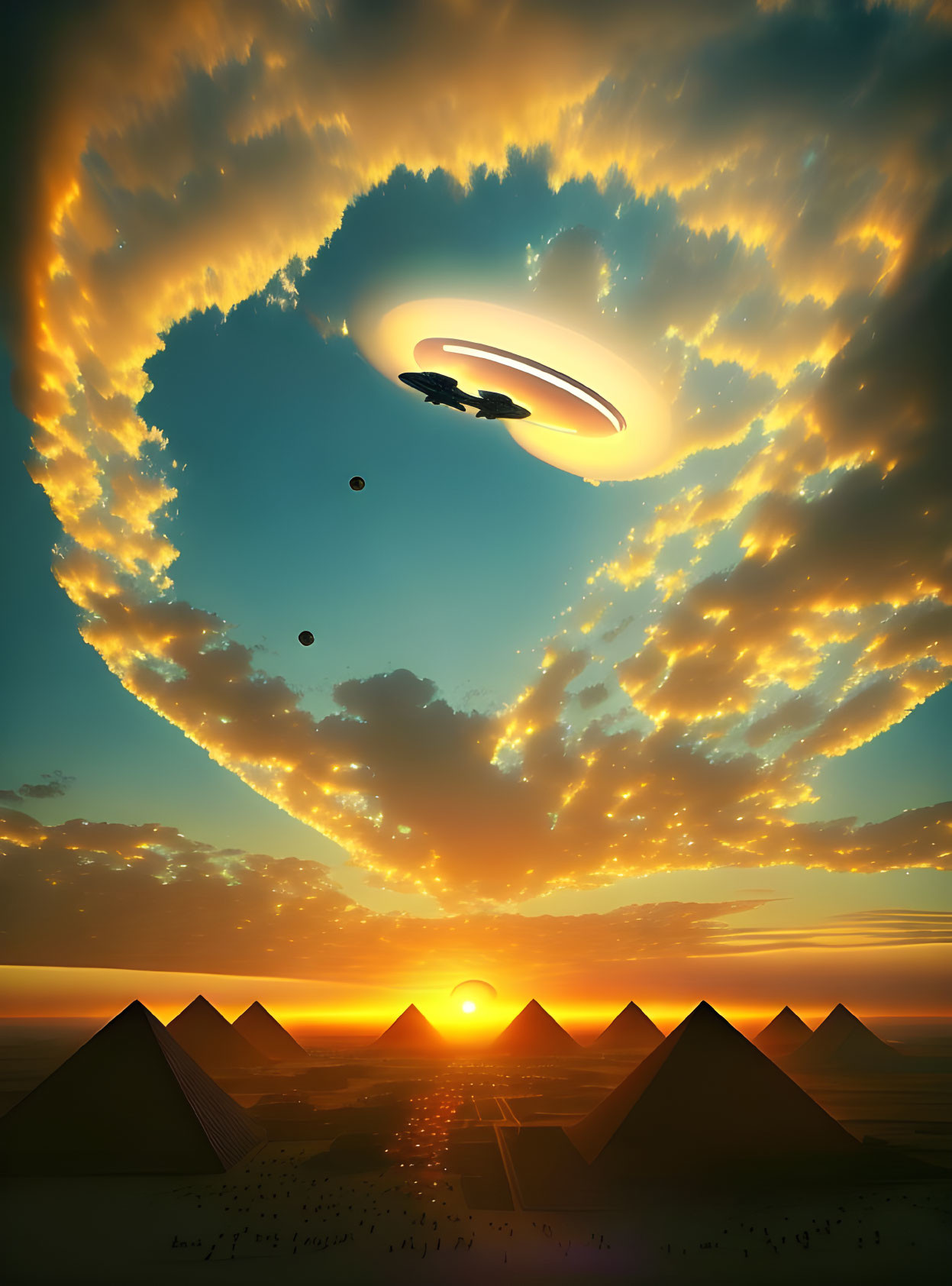 UFO hovering above pyramids at sunset with heart-shaped cloud formation