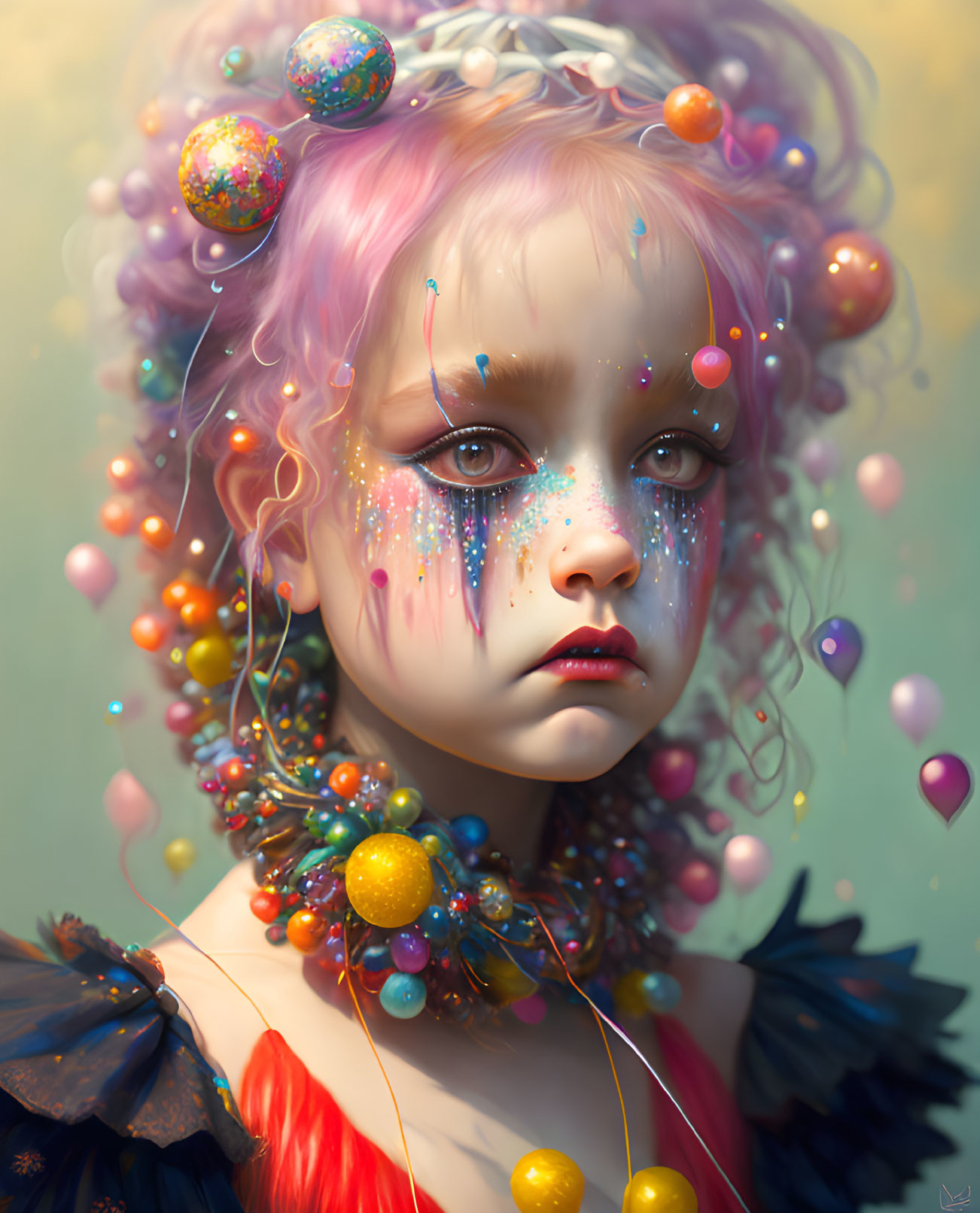 Child portrait with colorful beads, glitter tears, and balloon hair mix whimsy and melancholy