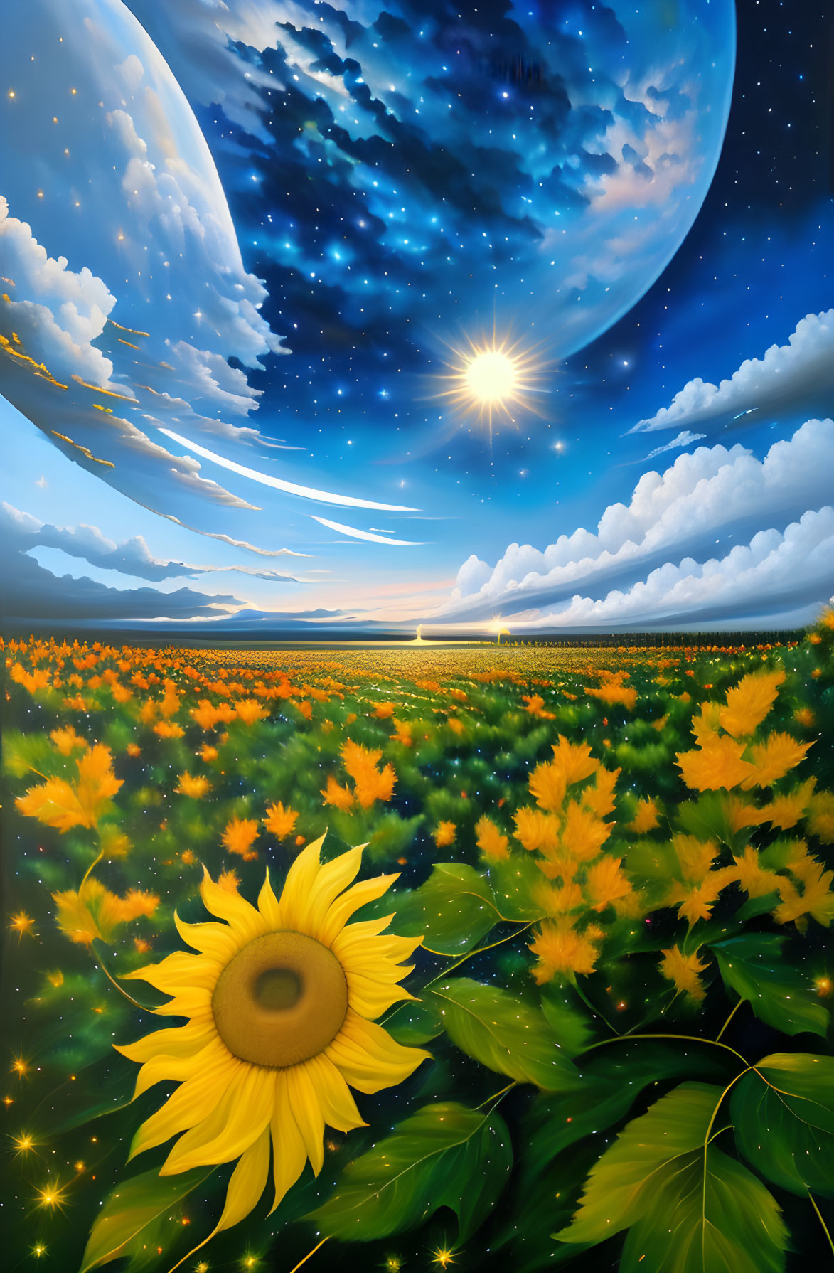 Sunflower Field with Moon, Stars, and Sunlight in Surreal Sky