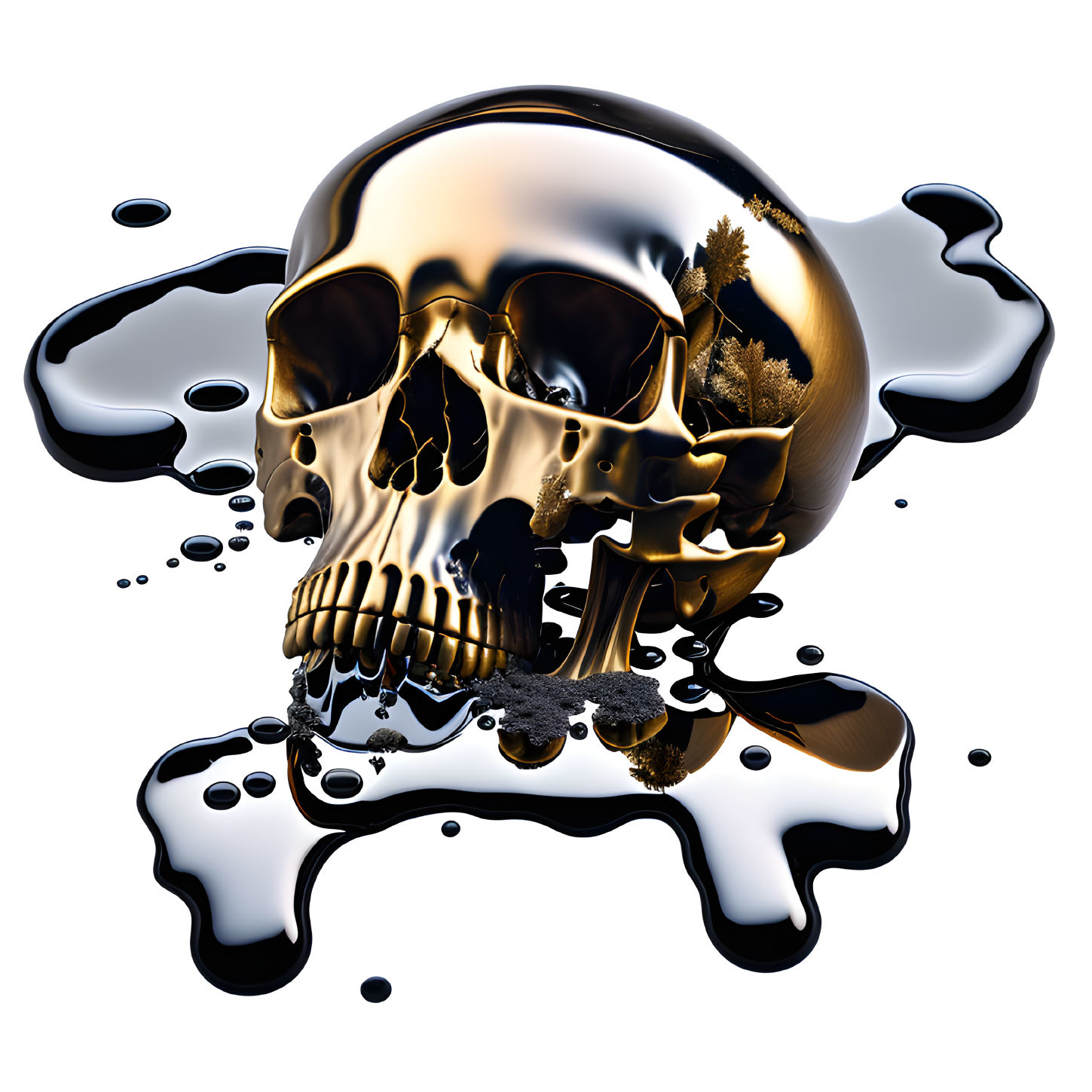 Metallic Skull with Tree and Foliage Details Reflecting in Puddle