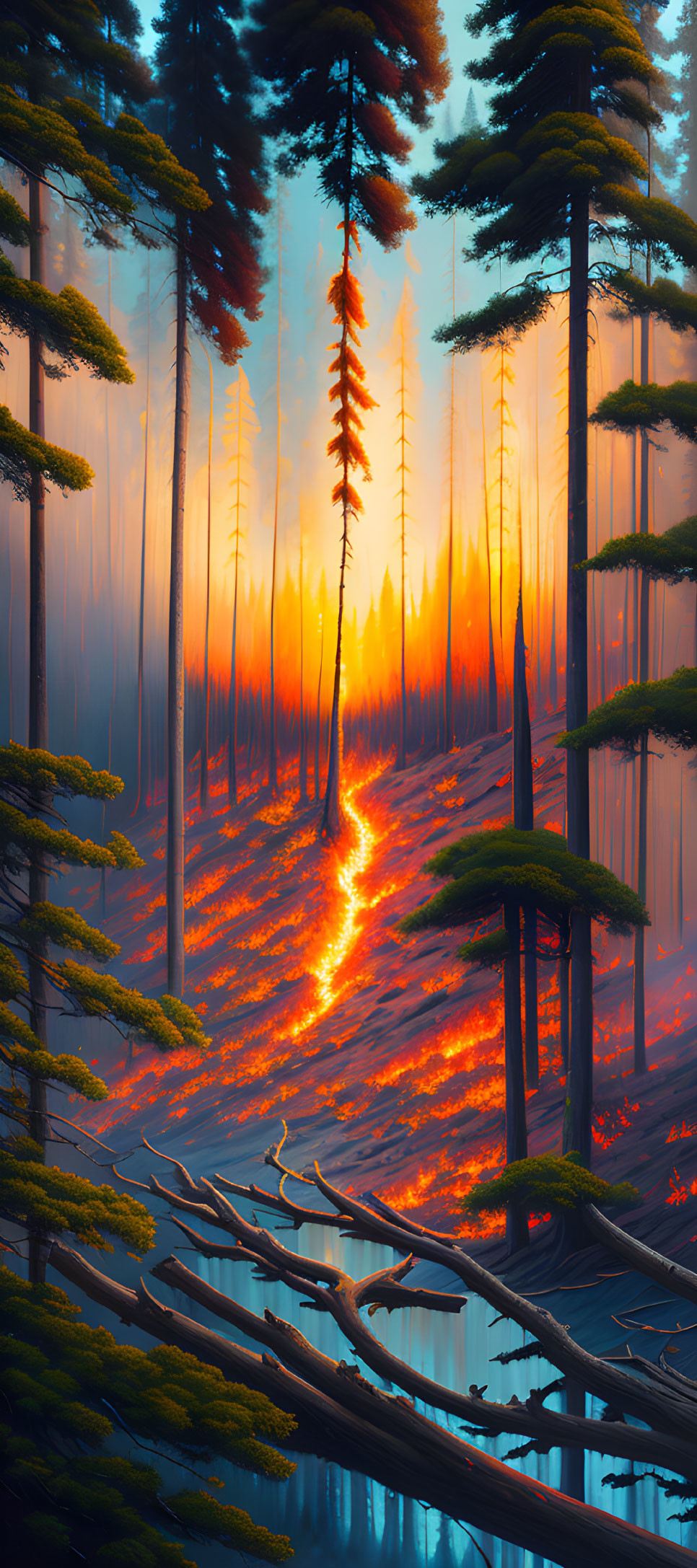 Sunset forest scene with light rays and stream reflections in warm hues