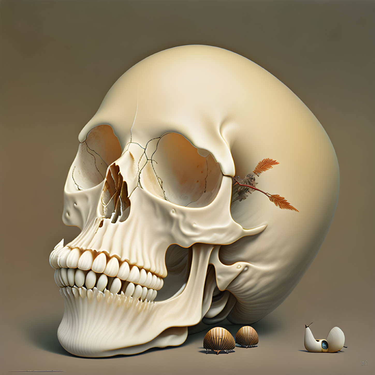 Surreal oversized human skull with wildlife elements on beige backdrop