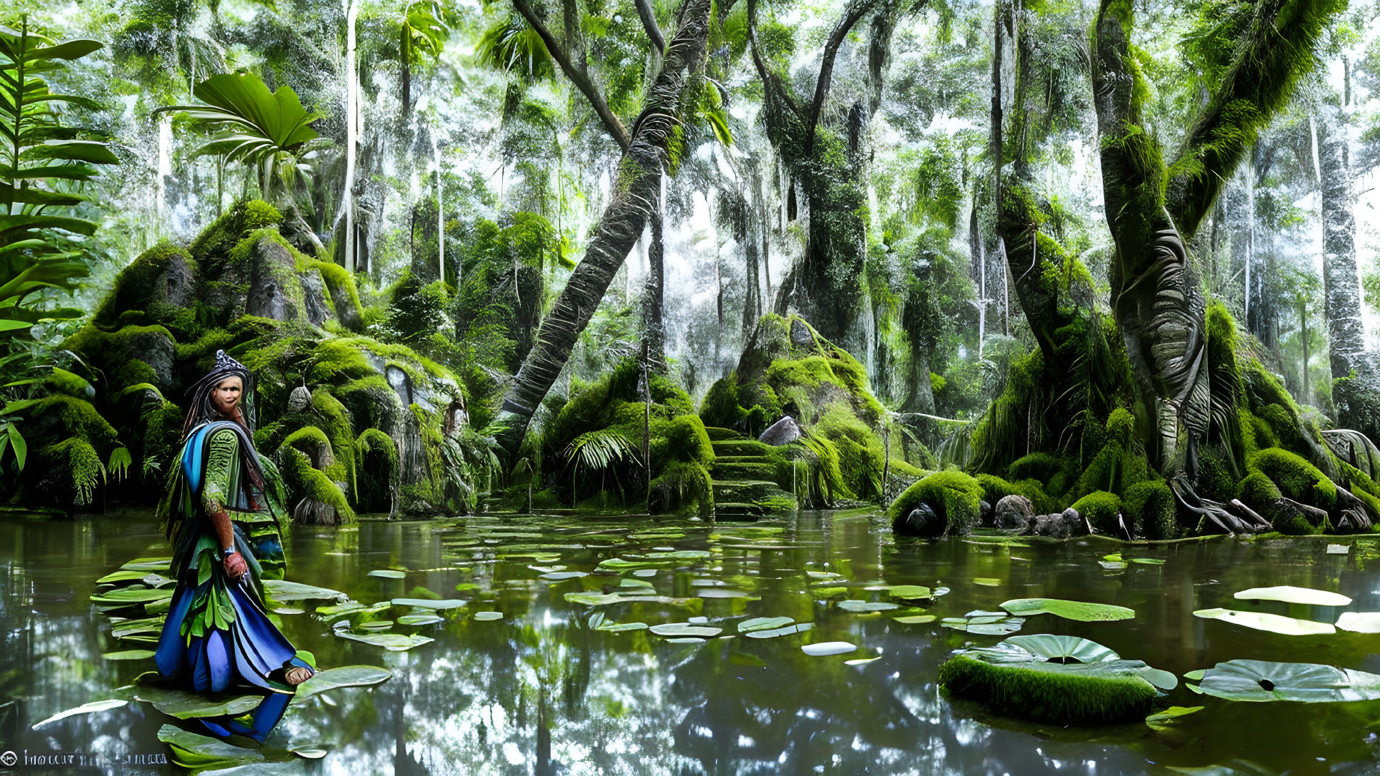 Woman in traditional attire in lush swamp with moss-covered trees and lily pads.