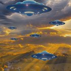 Multiple UFOs hover over golden sunset landscape with clouds and reflective objects