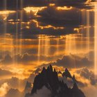 Solitary figure on cliff at dusk with golden clouds and light rays reflected in water