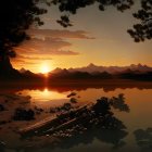 Tranquil sunset scene with orange hues over a lake, silhouetted trees, mountains,