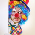 Colorful clown in vibrant wig, red nose, makeup, and playful hat peeking out.