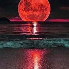 Surreal landscape featuring giant red moon, pyramids, water, and spaceships