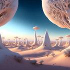 Whimsical tree-like structures in serene fantasy landscape