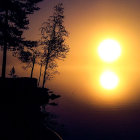 Tranquil twilight landscape with silhouetted trees and starry sky