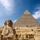 Foreground dog gazes up at pyramids and hot air balloons against partly cloudy sky