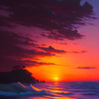 Surreal sunset with pyramid, airships, and ocean reflections