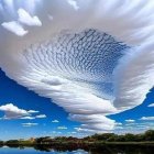 Large white shell-like structure above serene lake with reflections and blue sky.