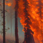 Forest Fire: Trees engulfed in flames, thick smoke, glowing embers, ominous atmosphere