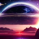 Colorful Sci-Fi Landscape with UFOs, Nebula, and Planet Horizon