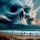 Surreal Landscape with Cracked Skull in Desert Setting