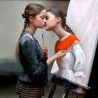 Intimate kiss with paint-smeared individuals and paintbrush near unfinished woman's face