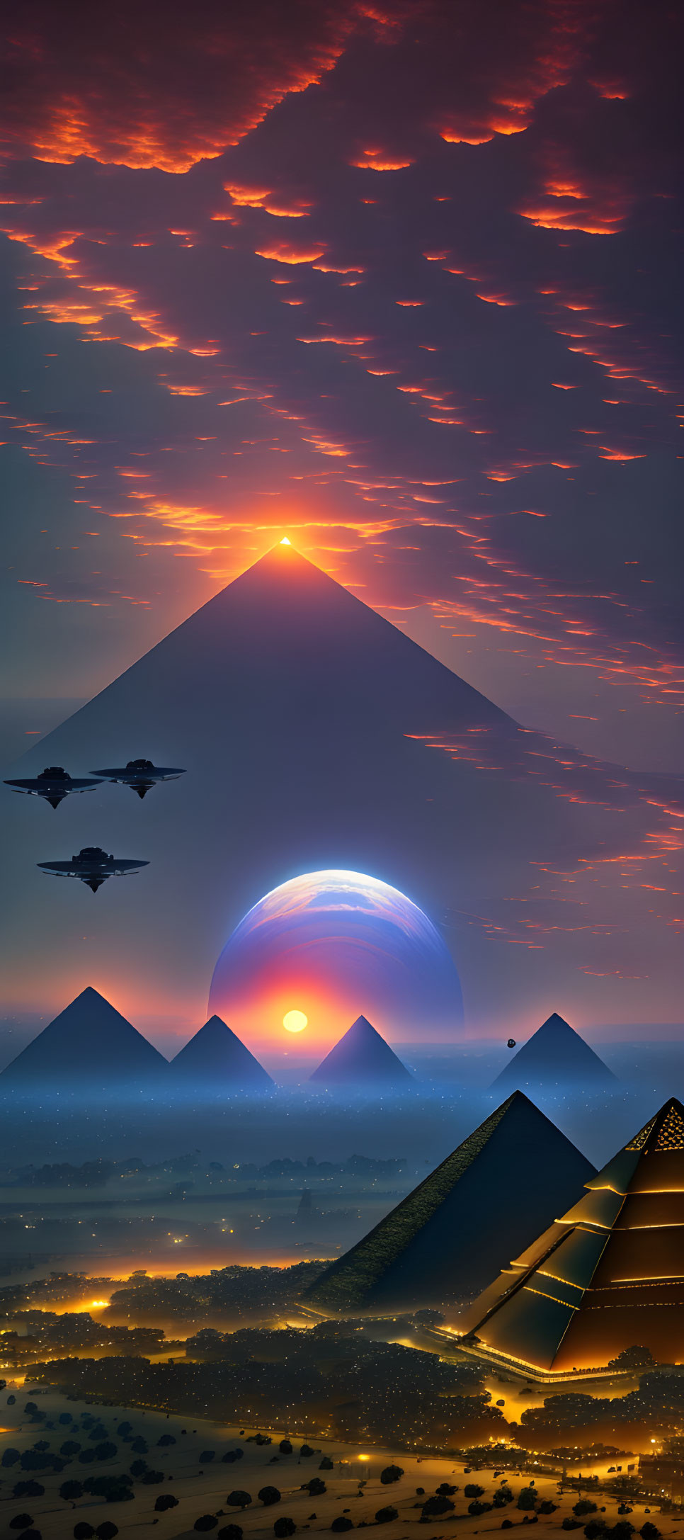 Fantastical landscape with pyramids, dramatic sky, sun, planet, and flying crafts