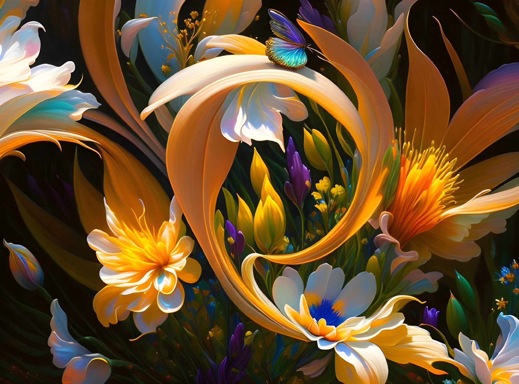 Colorful digital artwork: Orange flowers, white blooms, butterfly, lush foliage