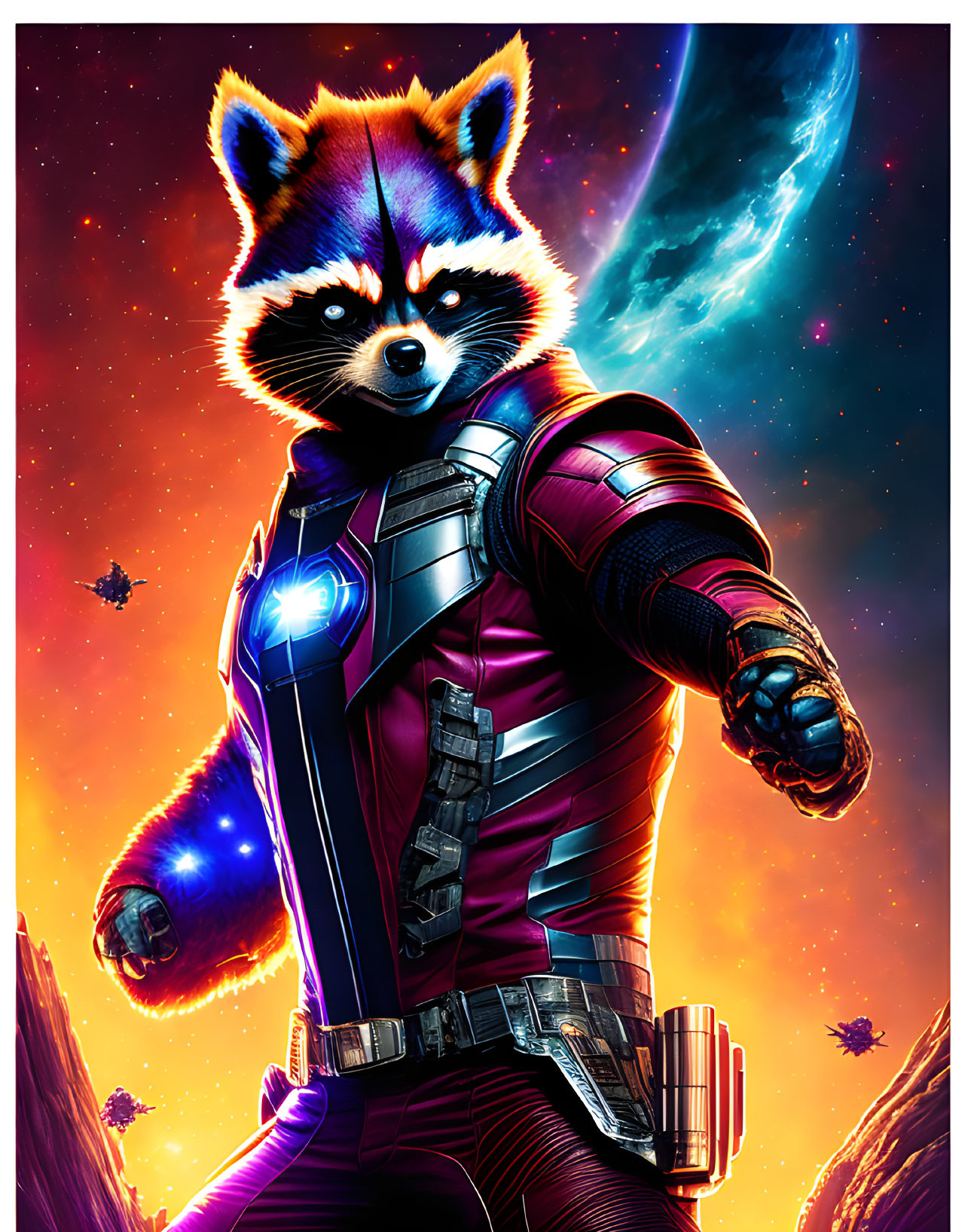 Anthropomorphic raccoon superhero in cosmic scene