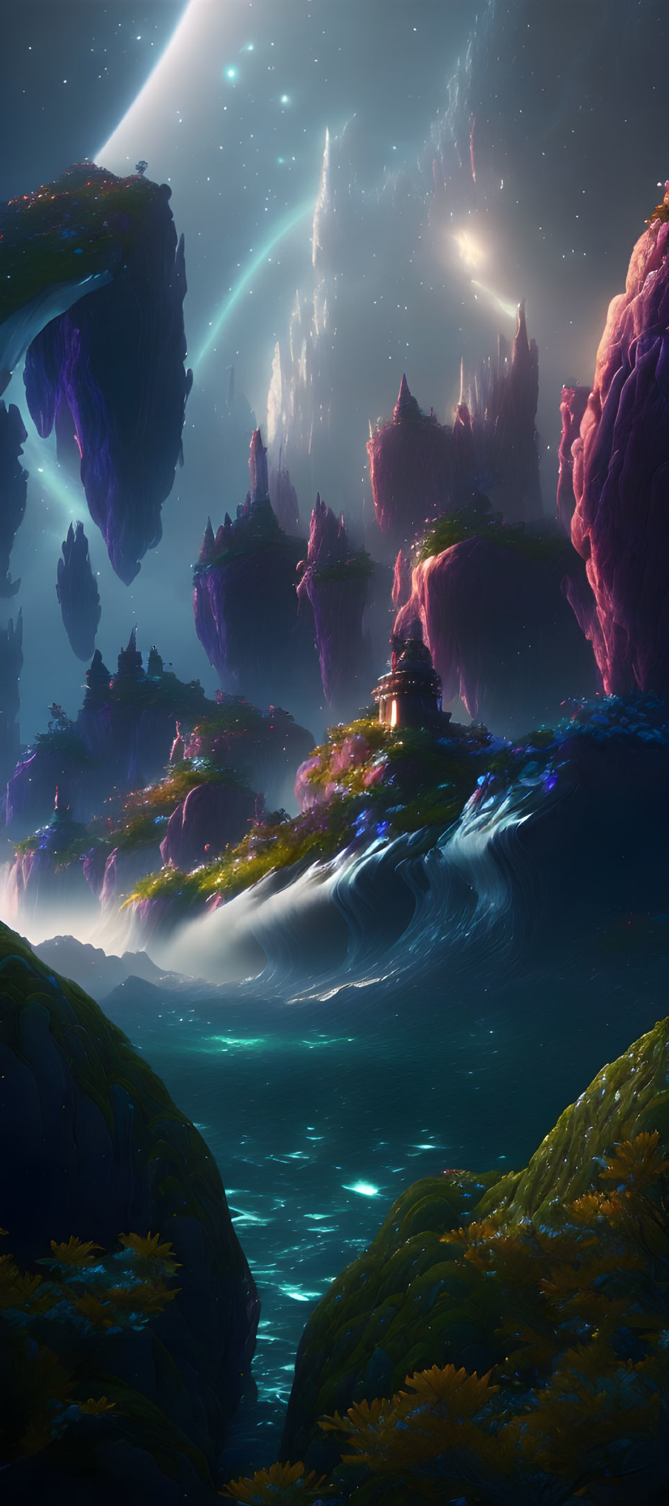 Mystical landscape with floating islands, waterfall, vibrant flora, aurora-lit sky