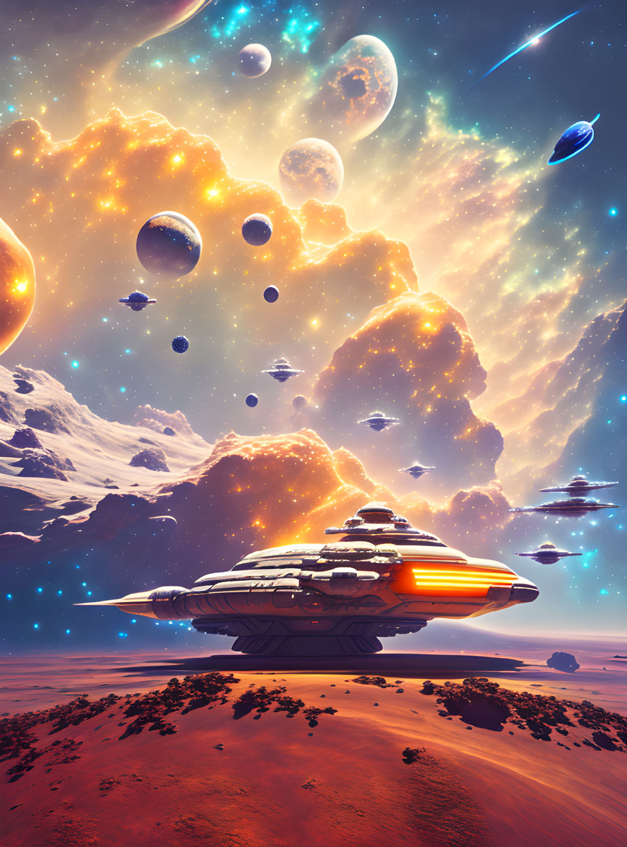 Colorful sci-fi landscape: spaceship on desert planet with moons, meteors, nebula clouds