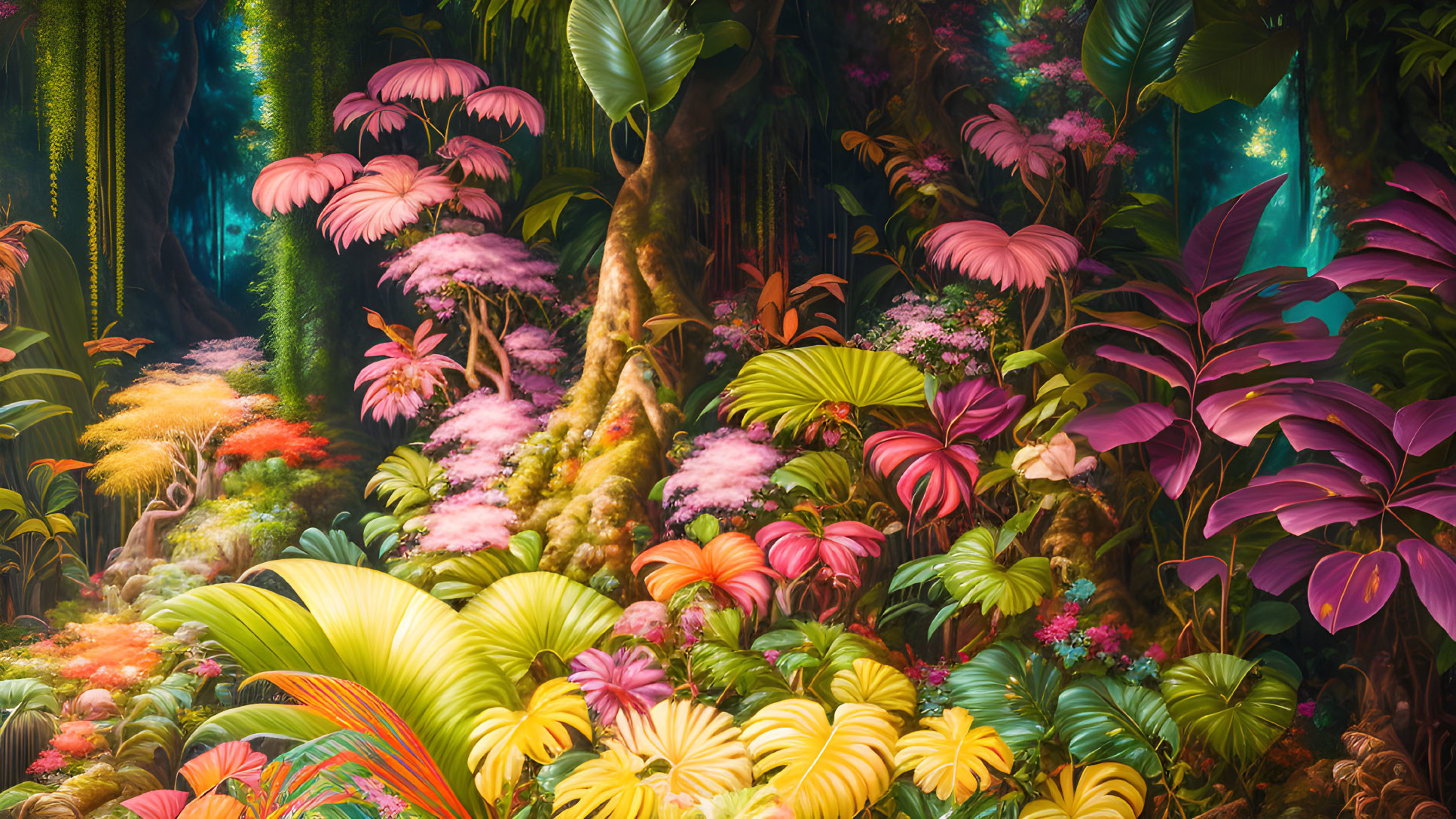 Colorful Tropical Plants in Vibrant Jungle Scene