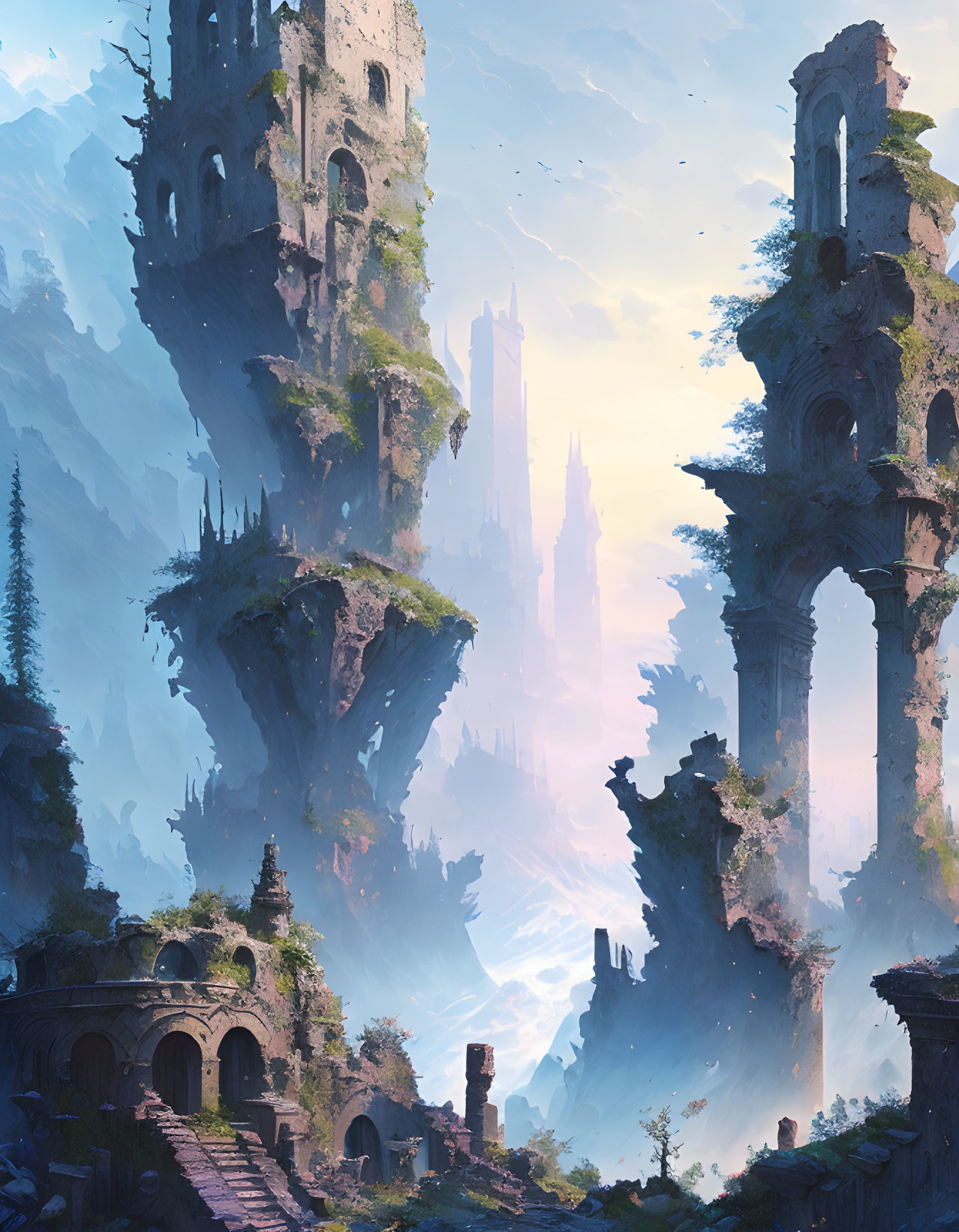 Fantasy landscape with ancient ruins on floating rocks in lush setting