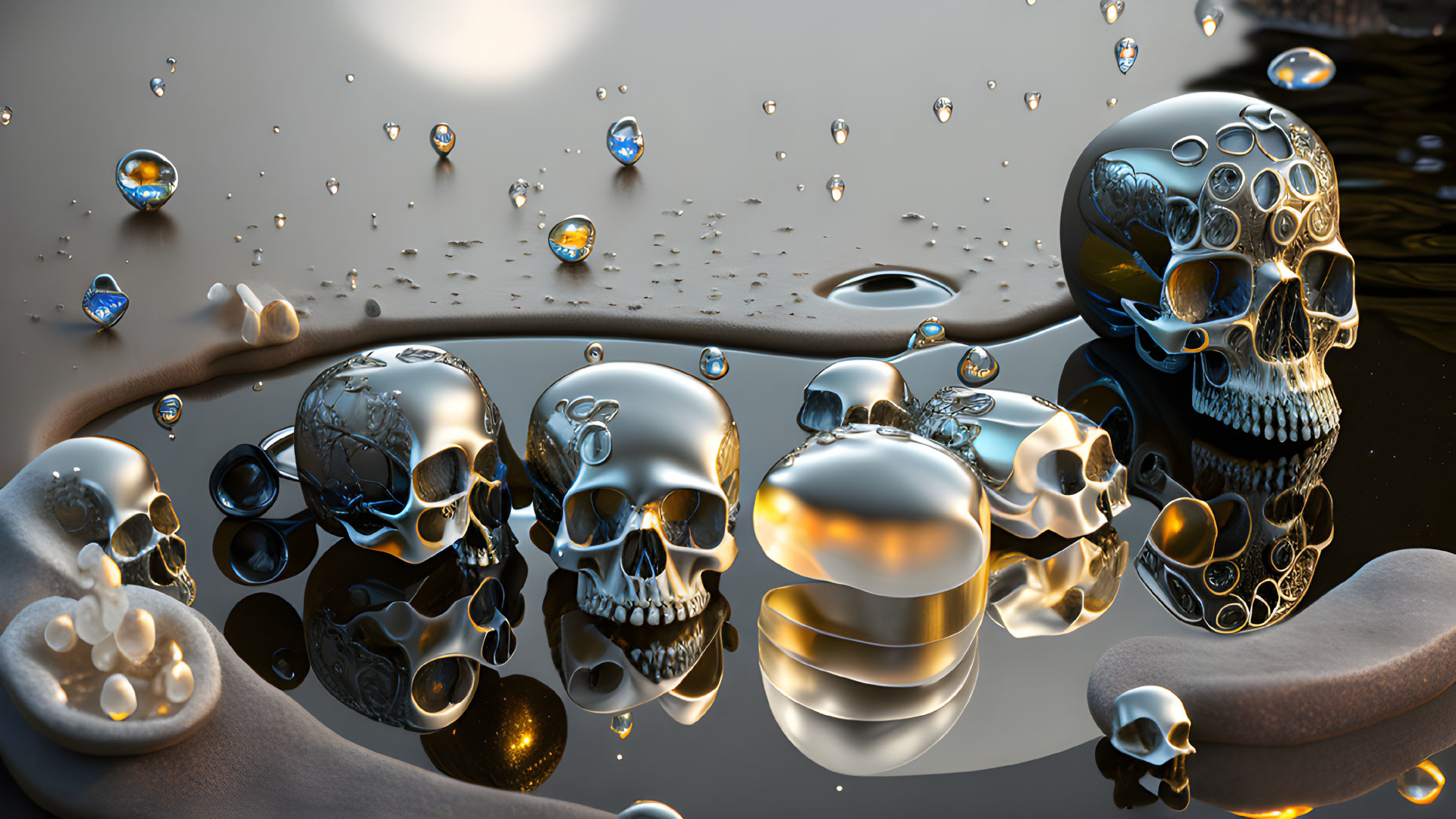 Surreal reflective skulls and floating droplets in warm light