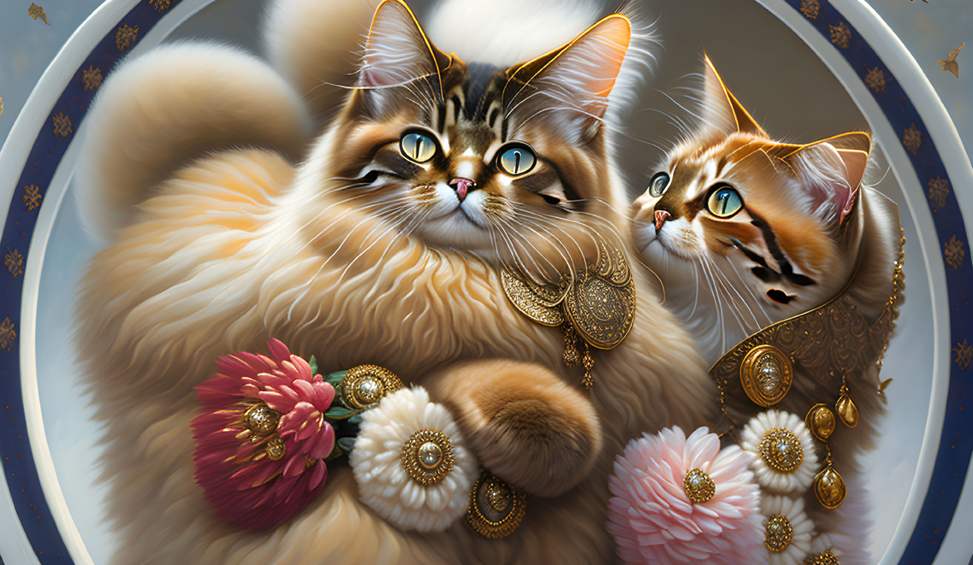 Fluffy cats with golden jewelry in decorative bowl among pink flowers