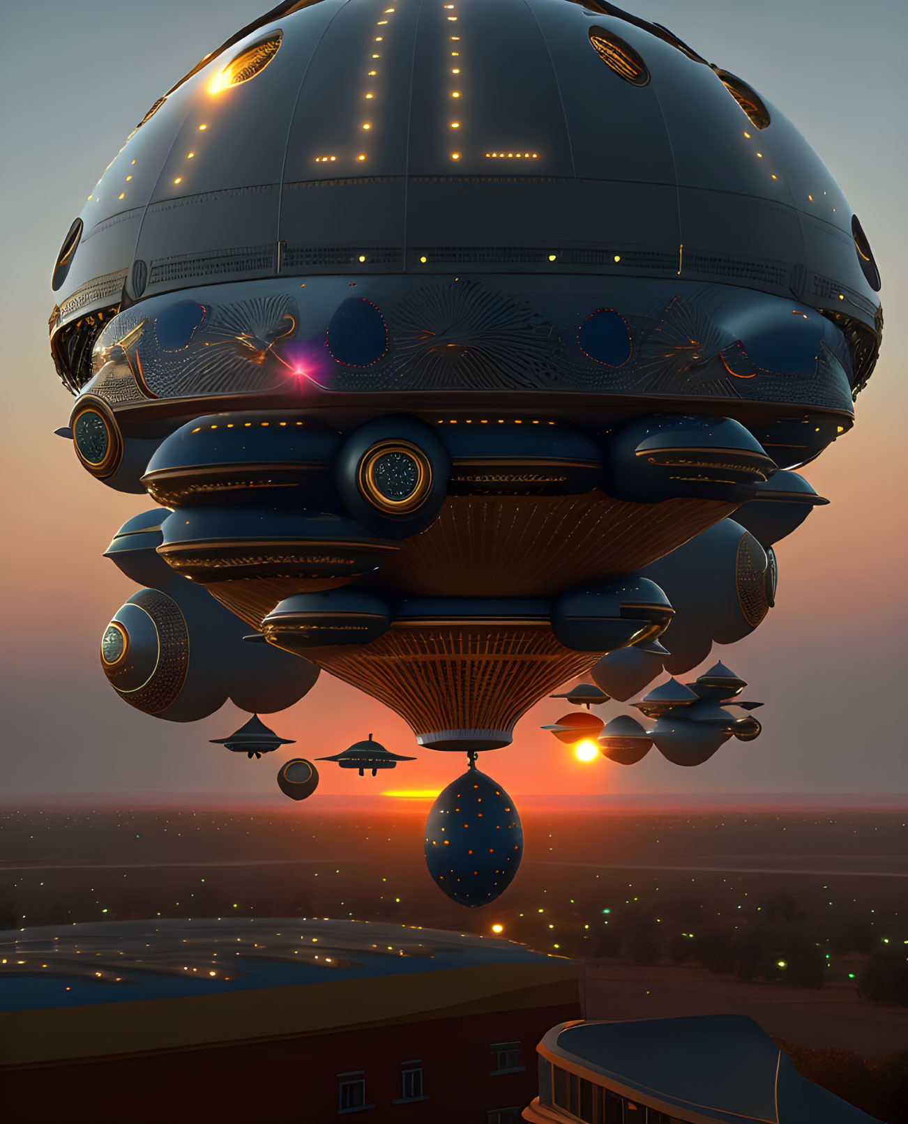 Ornate futuristic airship over city at sunset with smaller crafts in orange sky