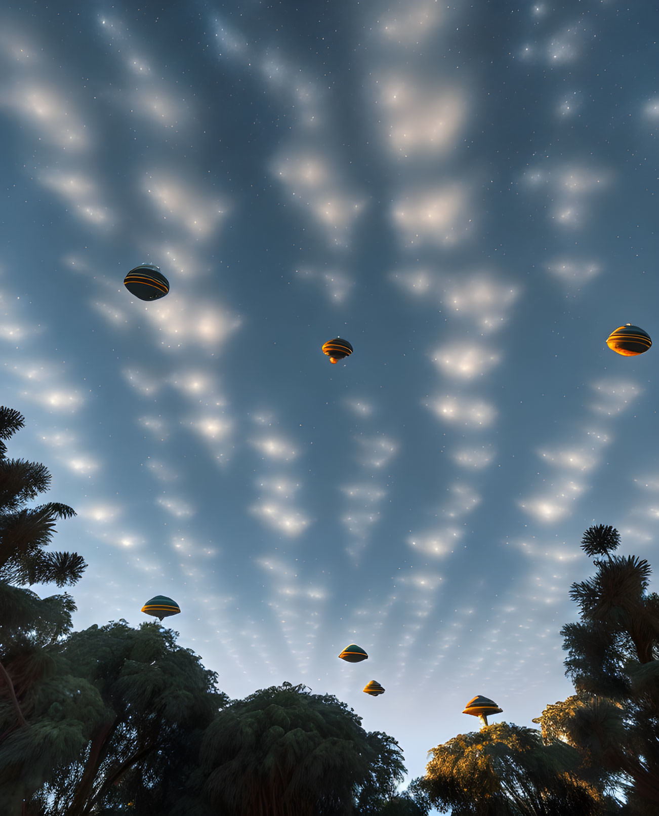 Night sky with patterned clouds and hot air balloons over trees