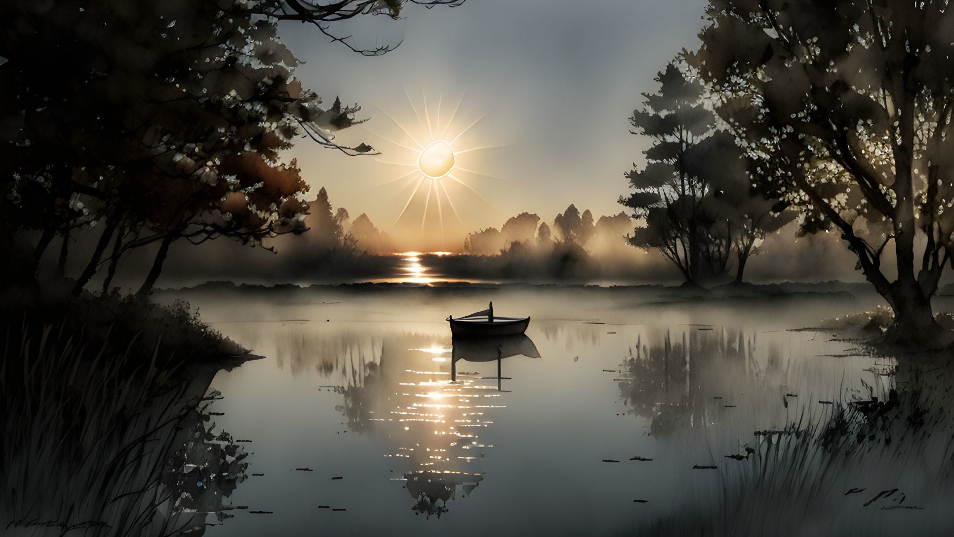 Serene Sunrise Scene: Lake, Trees Silhouettes, Boat, Reflections