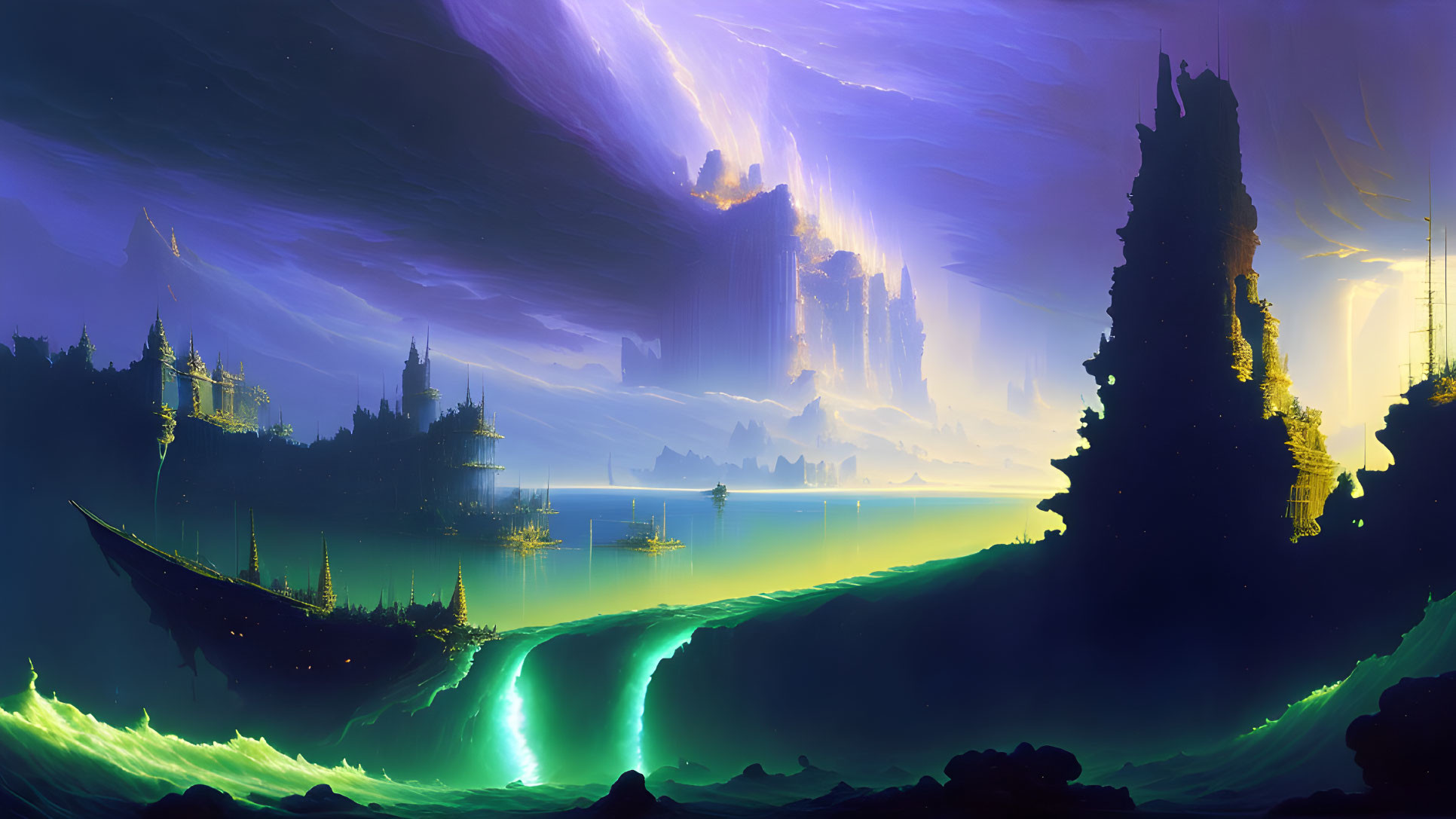 Vivid purple and blue sky over fantastical landscape