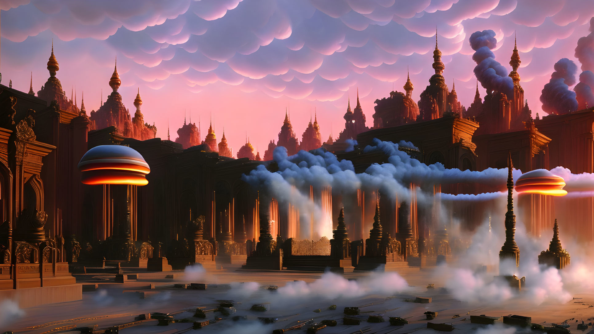 Fantastical landscape with ornate buildings, floating vessels, fountains, and dramatic sunset sky