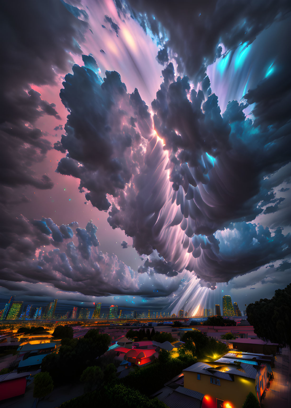 Iridescent clouds over cityscape at dusk with sunlight rays