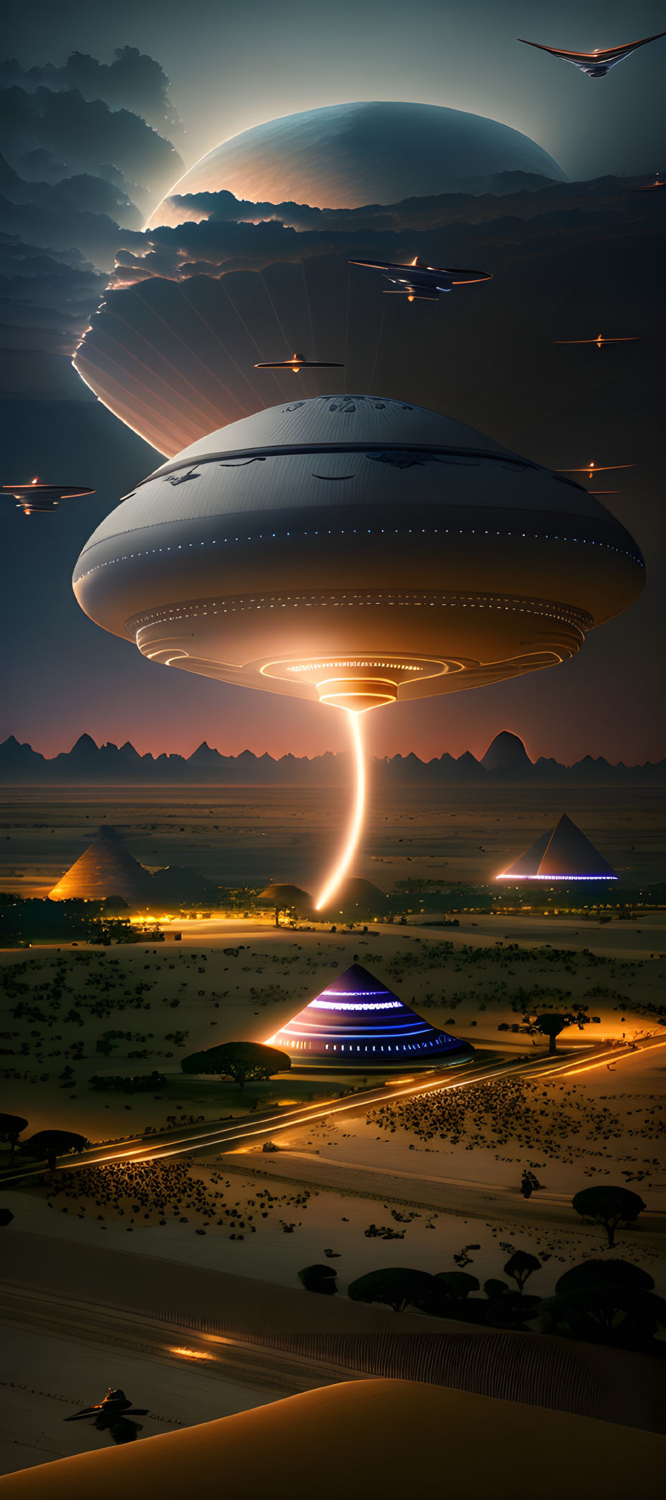 Alien spaceship above Egyptian desert with pyramids and planet.