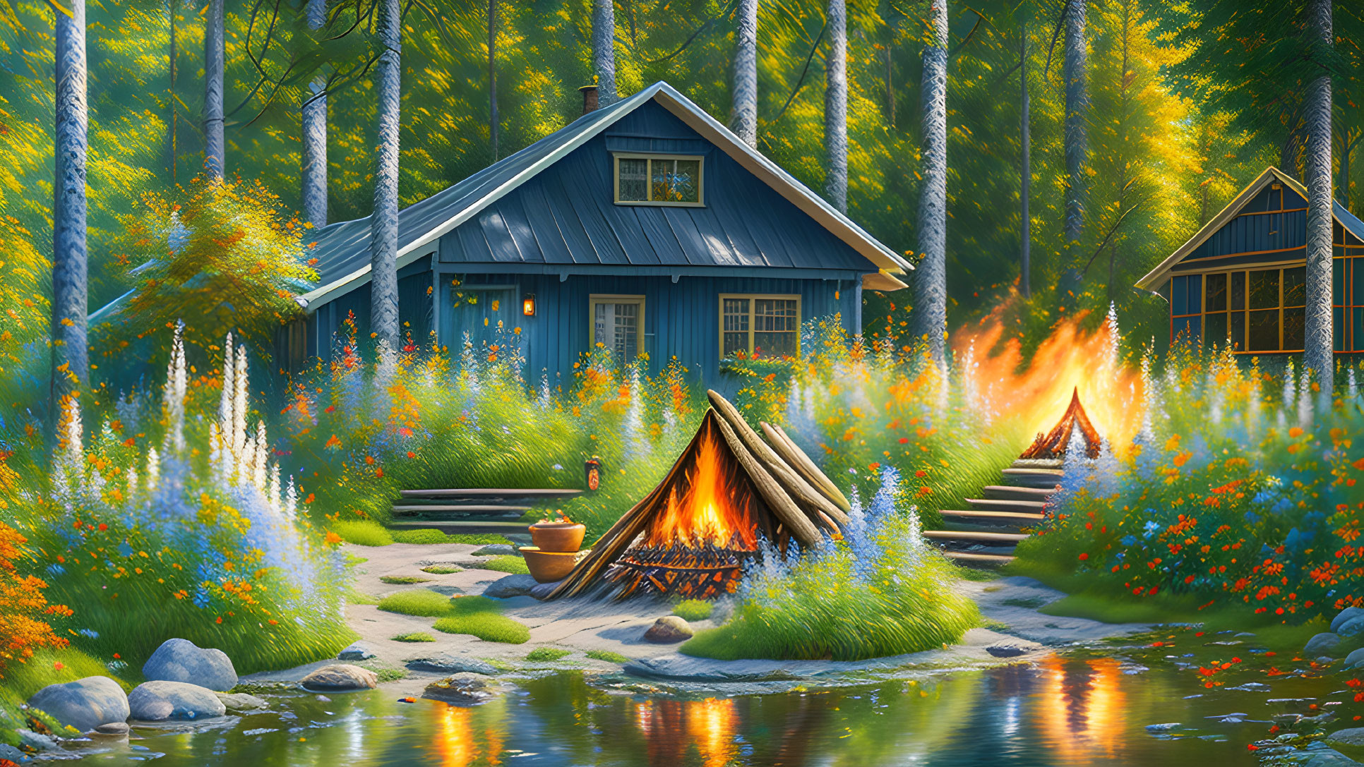 Tranquil forest scene with cabins, campfire, flowers, and pond