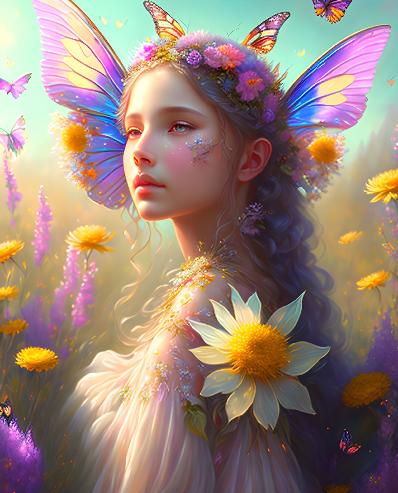 Young girl with butterfly wings in golden lavender flower field