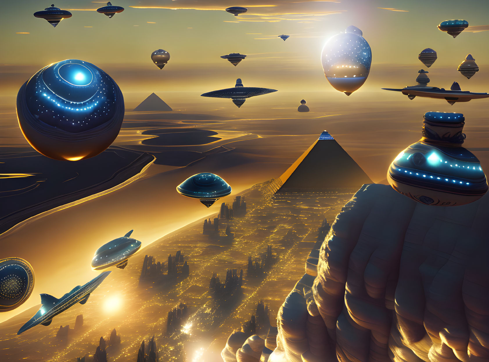 Futuristic cityscape with illuminated pyramids and flying saucers at sunset