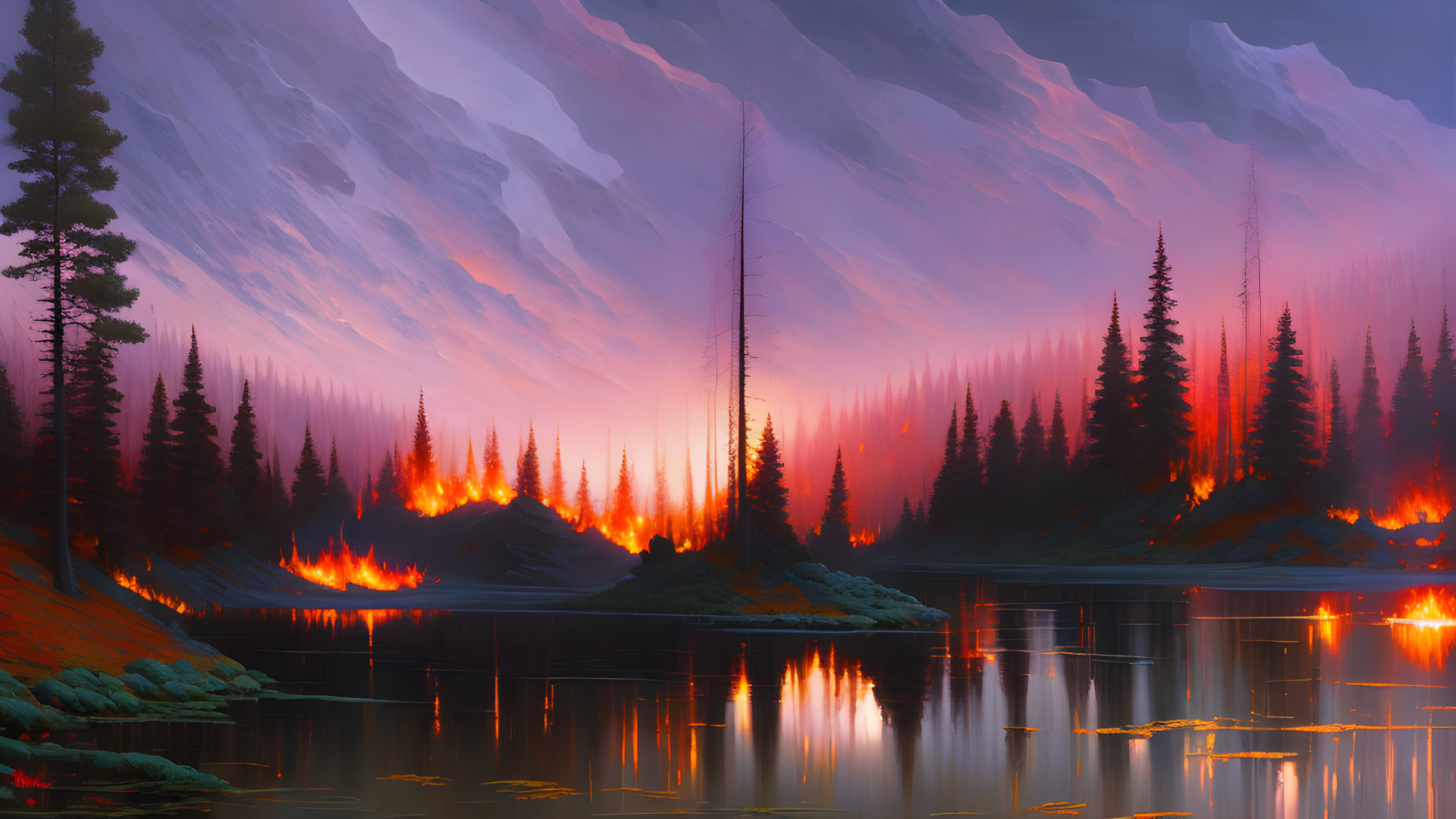 Serene lake scene with forest fire and pine trees