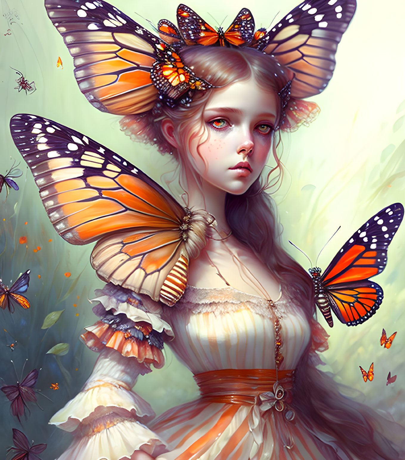 Fantasy illustration: Young woman with butterfly wings ears among fluttering butterflies