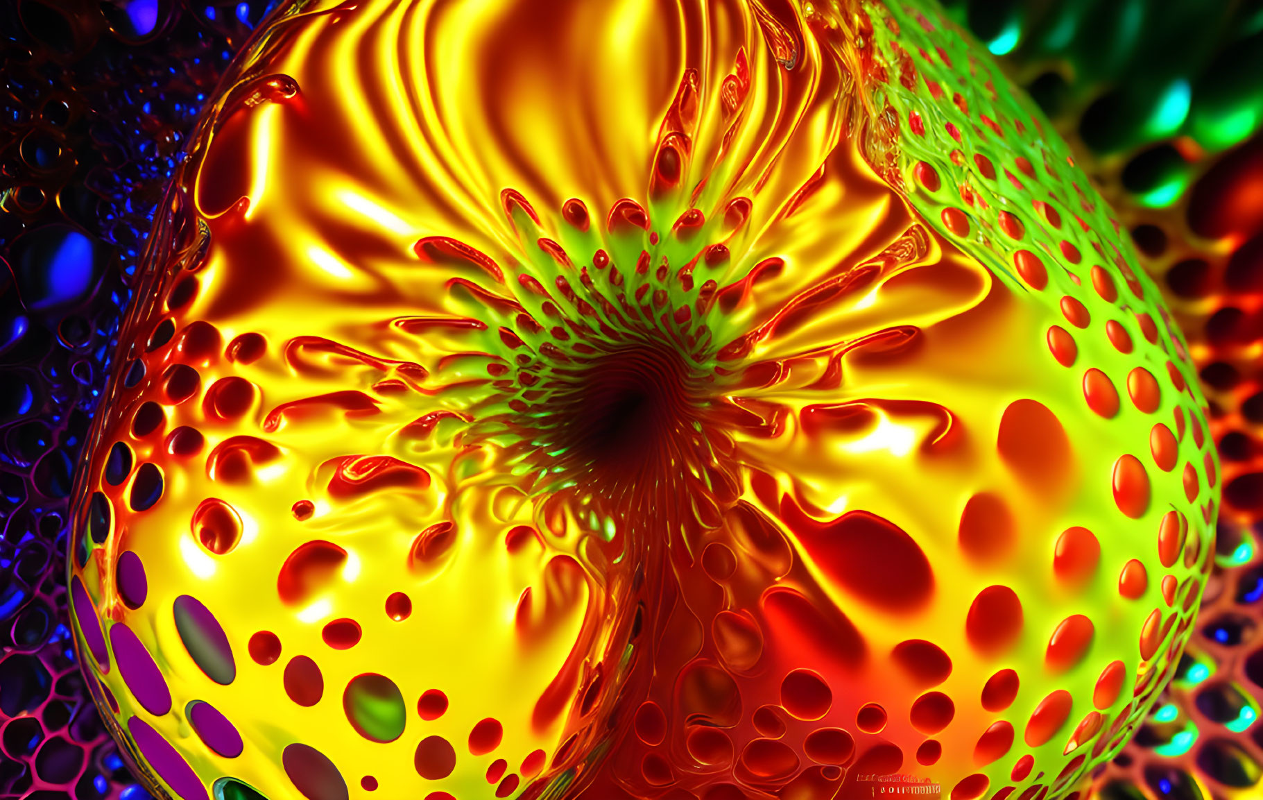 Colorful swirling abstract pattern with yellow, red, and green hues and dark spots